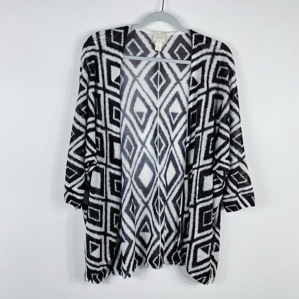 Chico's Size Large 12 2 Modern Diamond Mona Open Cardigan Sweater Brown White